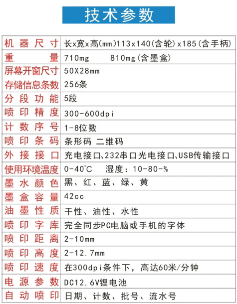 手持式噴碼機技術參數